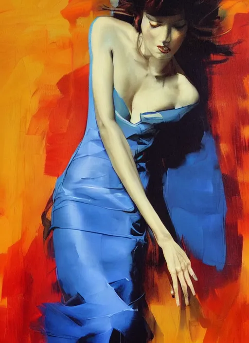 Image similar to fashion model in blue dress, painting by phil hale, fransico goya,'action lines '!!!, graphic style, visible brushstrokes, motion blur, blurry, visible paint texture, crisp hd image