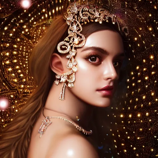 Image similar to portrait of pretty princess with perfect skin, glowing, ornate and intricate diamond jewelry, jaw dropping beauty, glowing backdrop, white accent lighting, hyper detailed, 4 k octane render