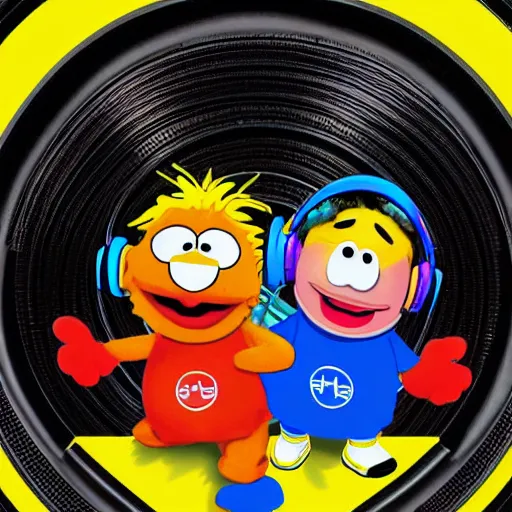 Image similar to svg sticker of a Pop-Wonder Bert&Ernie, Sesame-Street, at a rave, spinning records, giant headphones rocking out, wearing headphones, huge speakers, dancing, rave, DJ, spinning records, digital art, amazing composition, rule-of-thirds, award-winning, trending on artstation, featured on deviantart