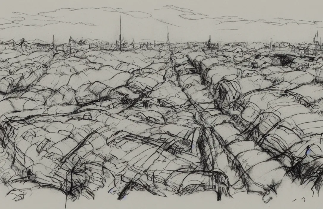 Image similar to milt kahl sketch of world war 1 trenches with the city of miami in the background