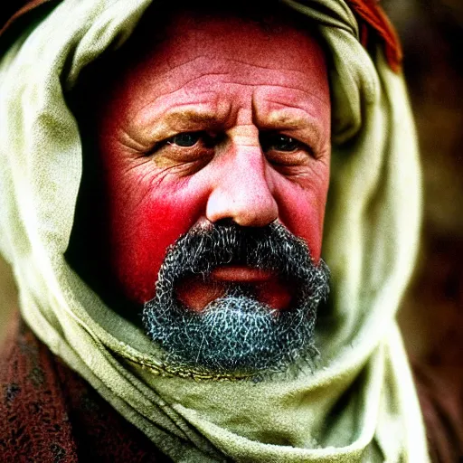 Image similar to portrait of president teddy roosevelt as afghan man, green eyes and red scarf looking intently, photograph by steve mccurry