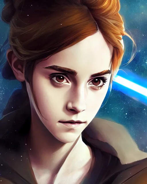Image similar to An anime portrait of Emma Watson as a beautiful woman in the Star Wars universe with a lightsaber, by Stanley Artgerm Lau, WLOP, Rossdraws, James Jean, Andrei Riabovitchev, Marc Simonetti, and Sakimichan, trending on artstation