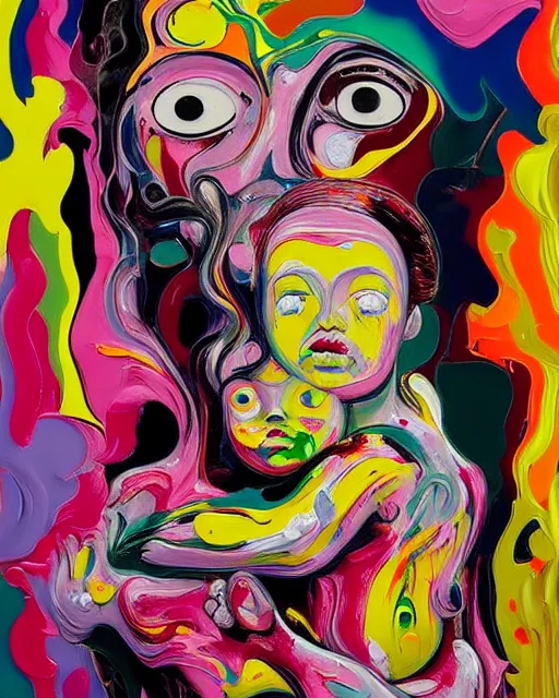 Image similar to woman holding a baby, an ultrafine detailed painting by peter max and francis bacon and fiona rae and maryam hashemi and hernan bas and anna mond and max gubler, featured on deviantart, metaphysical painting, neo expressionism, pop surrealism, melting paint, biomorphic, mixed media, photorealistic, dripping paint, palette knife texture, masterpiece