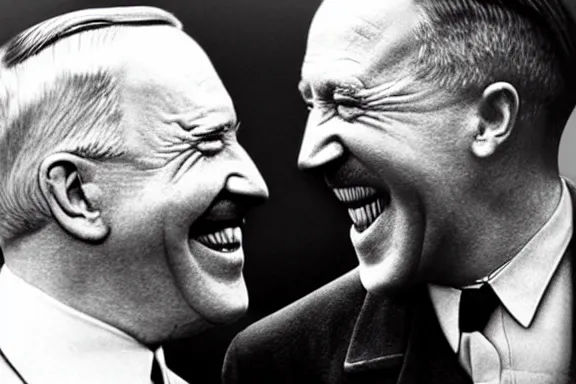 Image similar to “ very very intricate photorealistic photo of hitler and joe biden laughing together, detailed natural lighting, award - winning crisp details ”