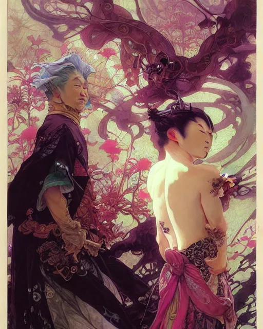 Prompt: 禁 しられた 2 人. fantasy, regal, by yoshitaka amano, kim keever, victo ngai, stanley artgerm lau, greg rutkowski, thomas kindkade, alphonse mucha, loish, norman rockwell