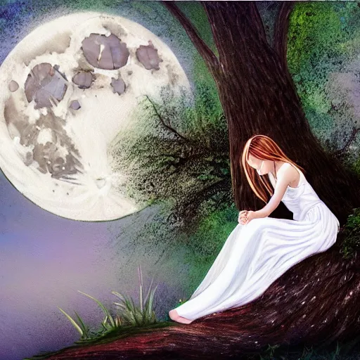 Image similar to a girl in a white dress looks up at the moon while sitting on the roots of an ancient tree next to a pond, the moon can be glimpsed, a towering forest surrounds the pond, high fantasy, dark fantasy, night time, ultra detailed, realistic painting