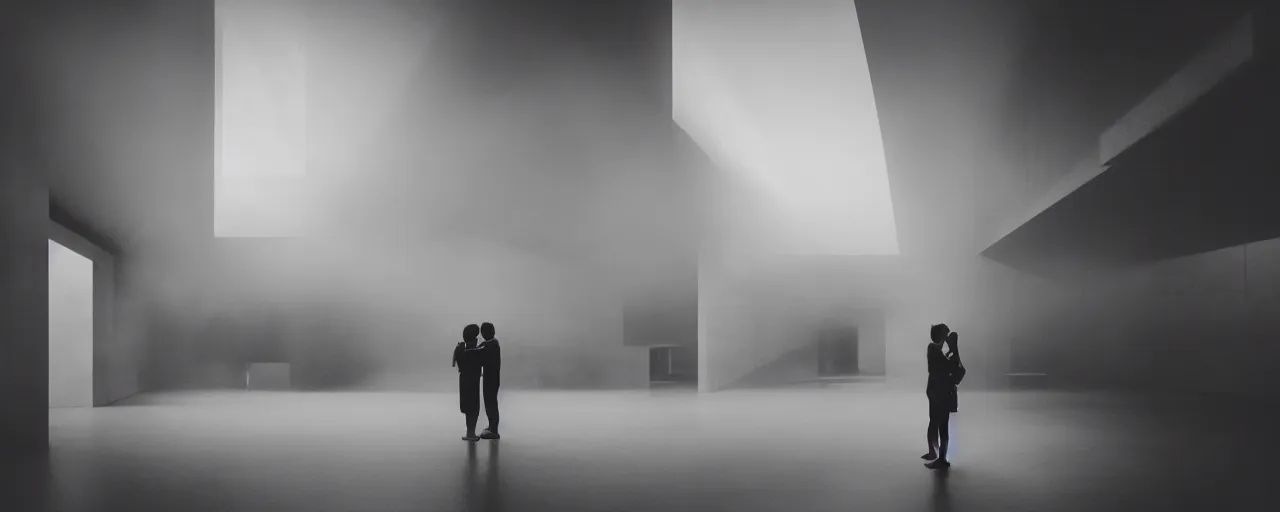 Prompt: realistic interior of a brutalist architecture building, two people kissing in the middle, Godrays at sunset, hard shadows, volumetric fog, Hyper realistic film photography, Zeiss 24mm f2.8, Hasselblad, insanely detailed, sharp focus