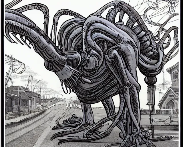 Image similar to a study of cell shaded cartoon of a xenomorph on a country road, street lamps, road, illustration, wide shot, subtle colors, post grunge, concept art by josan gonzales and wlop, by james jean, Victo ngai, David Rubín, Mike Mignola, Laurie Greasley, highly detailed, sharp focus, alien, Trending on Artstation, HQ, deviantart, art by artgem