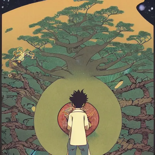 Prompt: a viscerous hyperdetailled character design illustration of the tiny boy in a giant world, scales, size, huge, wanderer in the tree universe, style of studio ghibli, artgerm ( ukiyo - e influence )