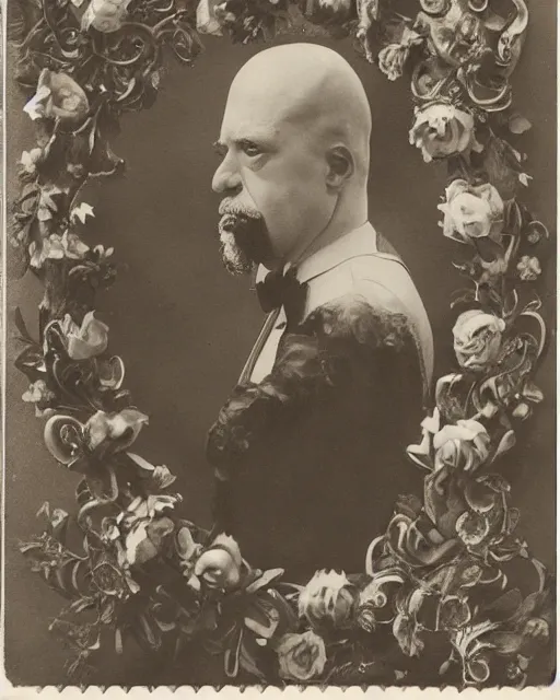 Prompt: a beautiful detailed front view portrait of homer simpson with baroque ornate growing around, flowers, plants, ornamentation, elegant, beautifully soft and dramatic lit, 1 9 1 0 polaroid photo