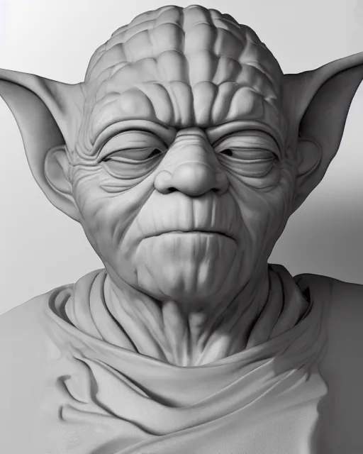Image similar to White marble bust of Yoda by Michelangelo and Bernini, Star Wars, product shot, macro, museum, magical, enchanted, hyper realistic, orange sunlight, octane render, raytracing, trending on artstation, artstationHD, artstationHQ, unreal engine, 4k, 8k