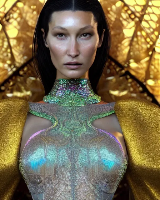 Image similar to a highly detailed metahuman 4 k close up render of an alien goddess bella hadid as alien in iris van herpen dress schiaparelli in diamonds crystals swarovski and jewelry iridescent in style of alphonse mucha gustav klimt trending on artstation made in unreal engine 4