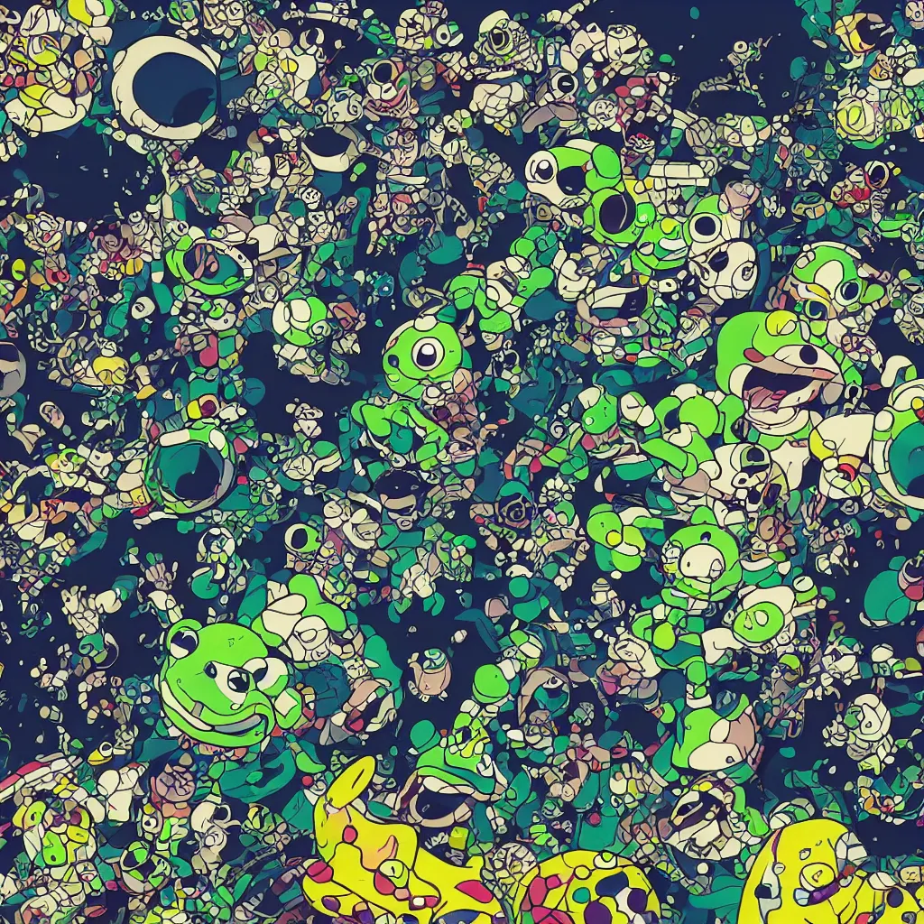 Image similar to toads, frogs, ryuta ueda artwork, breakcore, style of jet set radio, y 2 k, gloom, space, cel - shaded art style, indigo rainbow, data, minimal, takashi murakami artwork, code, cybernetic, dark, eerie, cyber