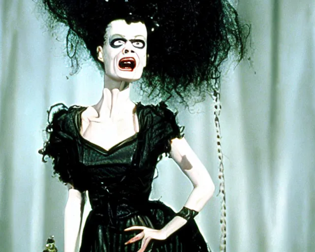 Image similar to bride of frankenstein as lydia in beetlejuice, 1 9 8 8, cdx