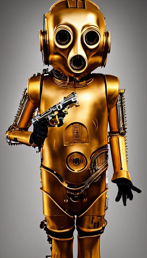 Image similar to steampunk version of c 3 po, promotional photo, studio lighting