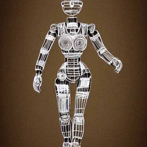 Prompt: technical drawing of ancient womanized humanoid robot, old paper, photorealistic