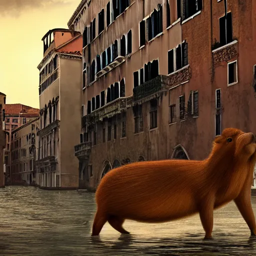 Prompt: a massive 70 meter tall capybara causing mayhem in the city of venice, there is a tornado in the background, realistic digital art