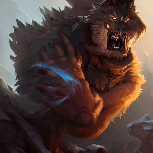 Image similar to portrait of werewolf of ashes and smoke, league of legends splash art, hearthstone splash art, full body shot, rule of thirds, ultrafine hyperrealistic detailed face, artgerm, greg rutkowski, trending on artstation, 8 k, intricately detailed, highly detailed