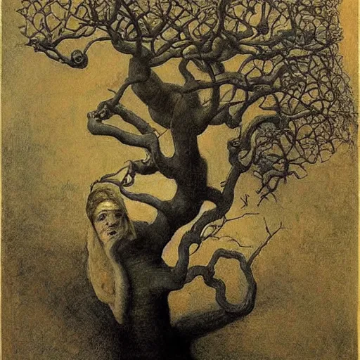 Image similar to flowering tree with extensive root system and trunk is a beautiful woman's head, by Odd Nerdrum, by Francisco Goya, by M.C. Escher, beautiful, eerie, surreal, colorful