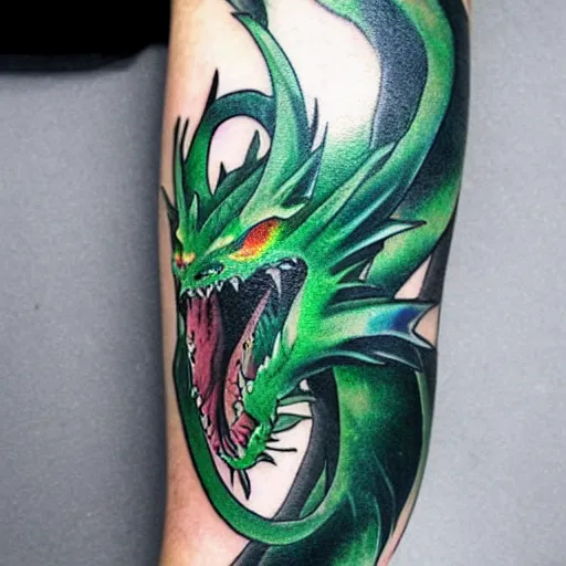 Image similar to simple anime manga full color dragon!! Emerald and obsidian dragon, forearm tattoo, tattoo