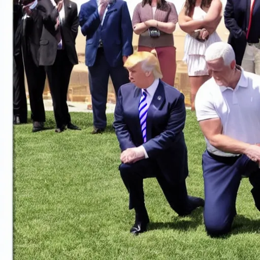 Prompt: Mike pence kneeling down next to Donald trump and looking fondly at his belly button, 8k,