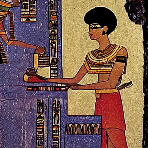 Prompt: an ancient egyptian painting of lain iwakura and a computer