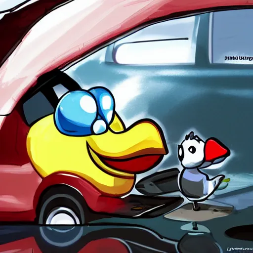 Prompt: Duck inspecting a toy car, digital art, artstation