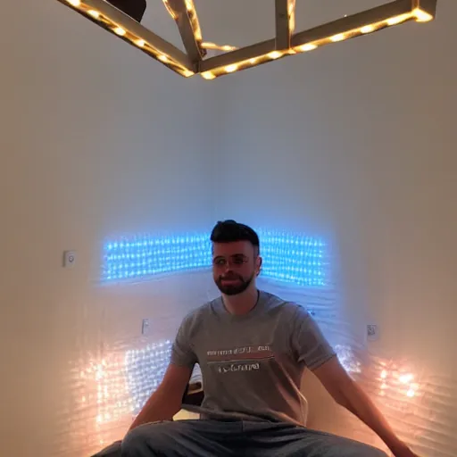 Image similar to a day trader named jay putting up nanoleaf lights in his bedroom