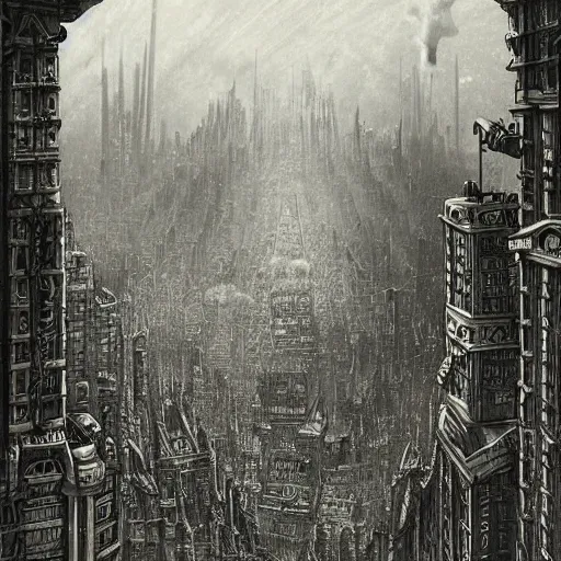 Image similar to dieselpunk city drawn by gustave dore