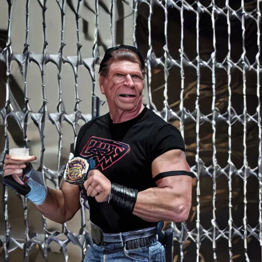 Image similar to WWE, Vince McMahon wearing a du-rag and the ECW Championship belt while eating a snow cone in front of a chainlink fence, photorealistic, dark, gritty, nu-metal, hardcore wrestling, highly detailed, hyperrealistic, barbed wire, rendered in Octane, rendered in Unreal engine, 4k, award-winning, ultra hd, intricate, digital painting