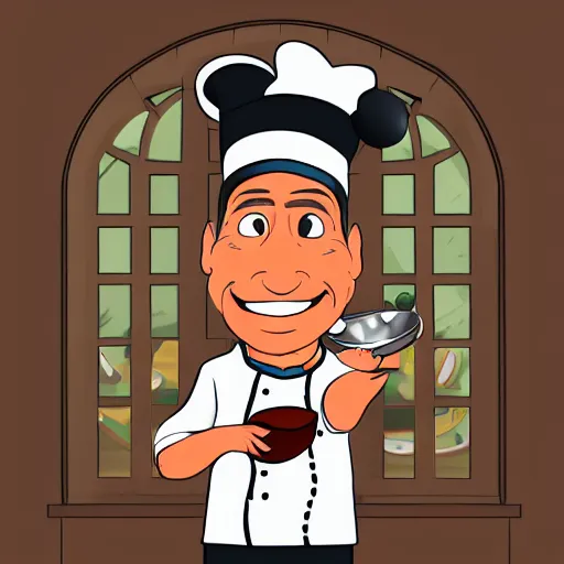 Image similar to portrait of a cook or chef smiling at the camera, cartoon, digital art, symmetrical face