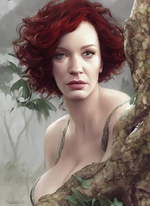 Image similar to tired Christina Hendricks taking a rest under a tree after an long adventure a ruggedly muscled handsome heroine, intricate, elegant, highly detailed, centered, digital painting, artstation, concept art, smooth, sharp focus, illustration, artgerm, donato giancola, Joseph Christian Leyendecker, WLOP, Artgerm, thunder storm