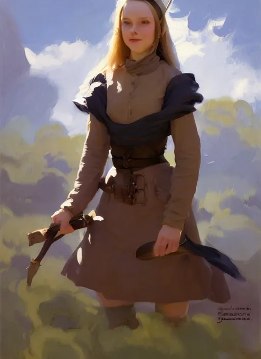 Image similar to portrait of finnish norway scandinavian attractive 1 7 th century maiden working in the field jodhpurs greg manchess painting by sargent and leyendecker, studio ghibli, fantasy, medium shot, asymmetrical, intricate, elegant, matte painting, illustration, hearthstone, by greg rutkowski, by greg tocchini, by james gilleard, by joe fenton