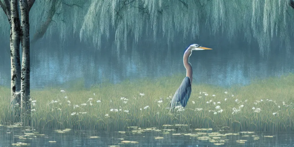 Prompt: a majestic blue heron in shallow river, willow trees, cherry blossom trees, lily pads, bullrushes, marsh, clouds, godrays, intricate, luminescent matte painting, highly detailed, artstation, dusk