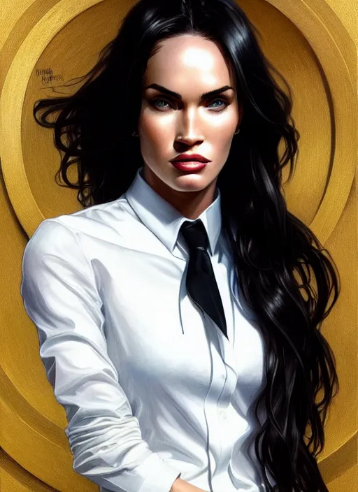 Image similar to portrait of megan fox as business woman, black suit, white shirt, necktie, city, intricate, headshot, highly detailed, digital painting, artstation, concept art, sharp focus, cinematic lighting, illustration, art by artgerm and greg rutkowski, alphonse mucha, cgsociety