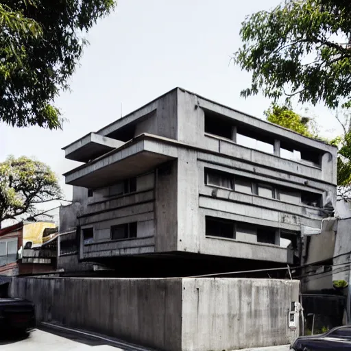 Image similar to exterior shot of a brutalist concrete house in the middle of a busy asian market