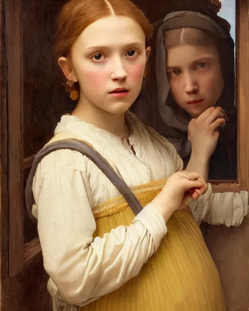 Image similar to a window - lit realistic portrait painting of a thoughtful girl resembling a young, shy, redheaded alicia vikander or millie bobby brown wearing peasant clothes by an open window, highly detailed, intricate, by vermeer, and william bouguereau