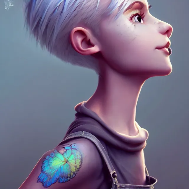 Image similar to full body pose, beautiful adult fairy, pixar, short white hair shaved sides, dirty, grungy, grunge, long sleeve, painted overalls, stacks of giant books, highly detailed, 4 k, hdr, smooth, sharp focus, high resolution, award - winning photo, artgerm, photorealistic