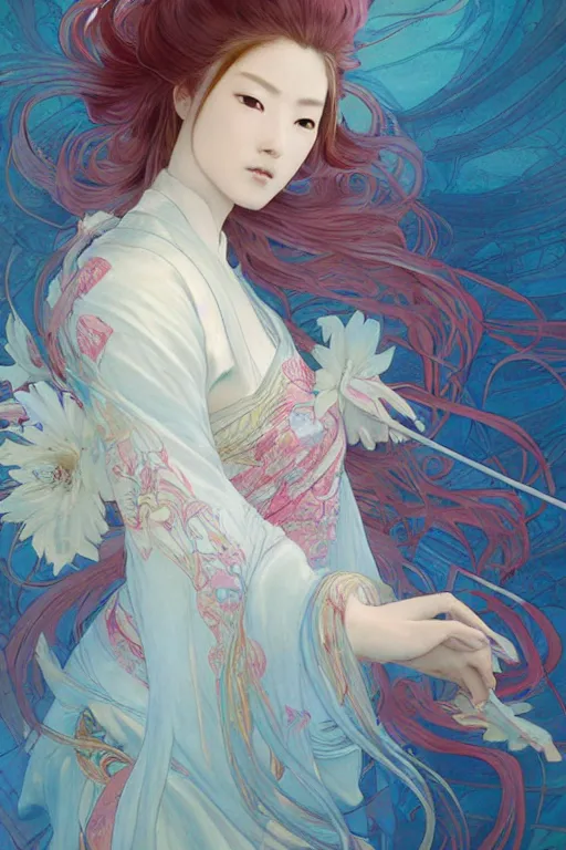 Image similar to breathtaking detailed soft painting of a samurai queen with long flowing red hair, anime style, pastel flower petals flying, at dawn in front of a pristine art nouveau cathedral, elegant, volumetric lighting, highly detailed, artstation, concept art, matte, sharp focus, art by pilyeon, matcha art and Alfons Mucha