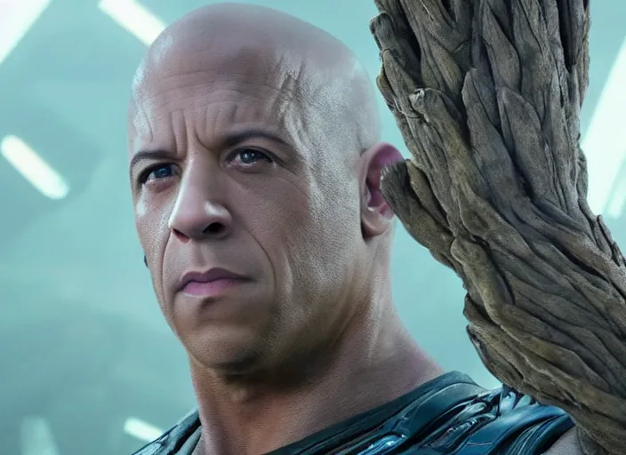 Prompt: film still of vin diesel as groot in the new guardians of the galaxy movie, 4 k, highly detailed face, detailed eyes