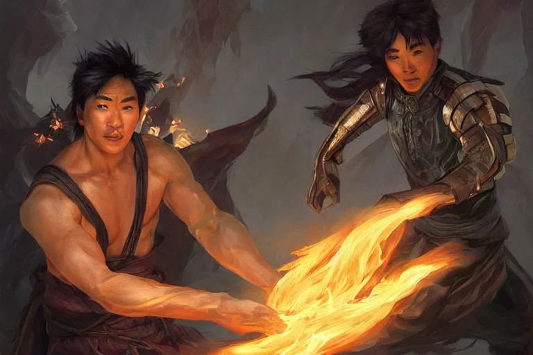 Image similar to a human male asian rogue with energy crackling from his hands, with two ethereal!!! forms next to him, one made of fire, thee other made of ice, fighting monsters, d & d, detailed, digital painting, artstation, concept art, sharp focus, illustration, cinematic lighting, art by artgerm and greg rutkowski and alphonse mucha