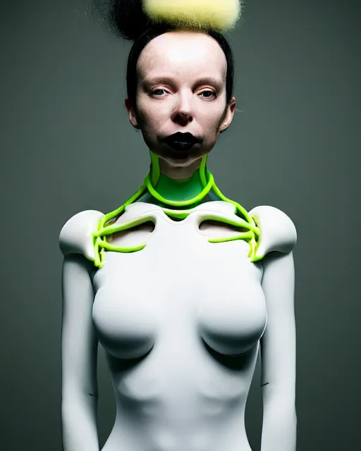 Prompt: portrait of a woman wearing a white embroidered translucent silicone mask and white neon yellow frizzy hair buns, wearing a black bodysuit by alexander mcqueen, cream white background, soft diffused light, biotechnology, humanoide robot, bjork aesthetic, translucent, by rineke dijkstra, intricate details, highly detailed, masterpiece,