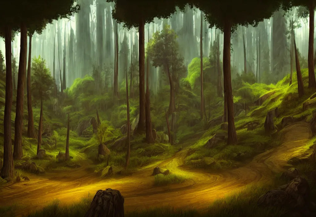 Image similar to blurry view of the background of a forest that has an endless pit in the bottom of the image, stylised painting, visible brush strokes, forest, medieval architecture, dynamic lighting, aesthetics, smooth, d & d, fantasy, asymmetrical, intricate, elegant, matte painting, illustration