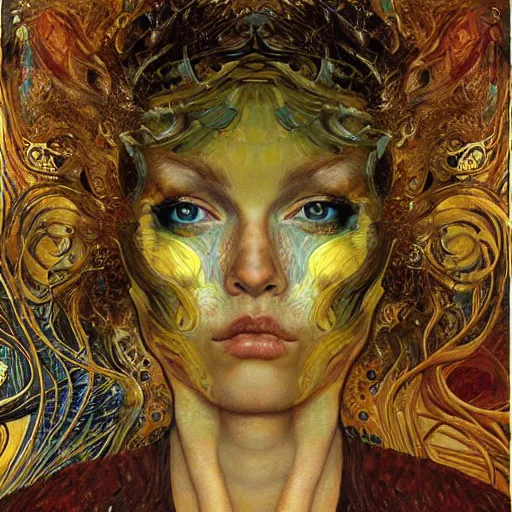 Image similar to Divine Chaos Engine portrait by Karol Bak, Jean Deville, Gustav Klimt, and Vincent Van Gogh, celestial, visionary, fractal structures, ornate realistic gilded medieval icon, spirals, mystical