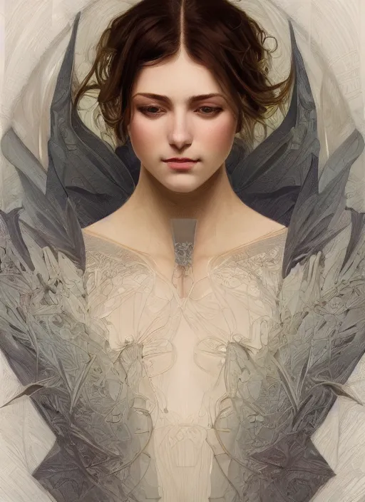 Image similar to symmetry!! beauty, machine parts embedded into face, intricate, elegant, highly detailed, digital painting, surrealistic, artstation, concept art, smooth, sharp focus, illustration, art by artgerm and greg rutkowski and alphonse mucha, 8 k