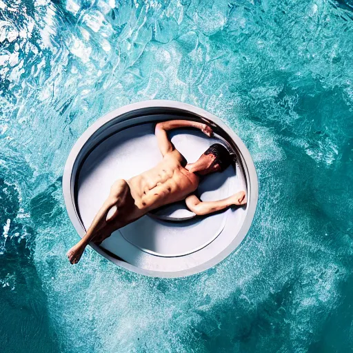 Image similar to a bird eye shot of the most beautiful young athletic slim male ever created sleeping in a chamber full of water, photographed by andrew thomas huang