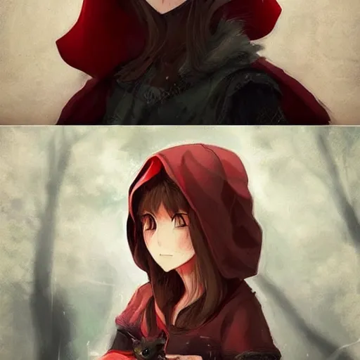 Image similar to An anime portrait of Little red riding hood the wolf slayer, by Kan Liu, trending on artstation, official media