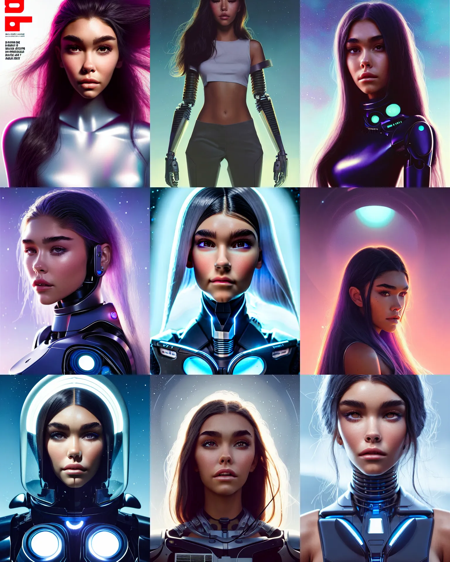 Prompt: a magazine cover portrait photo of madison beer : : college woman : : as future samsung cyborg woman on a lush alien world by weta : : by greg rutkowski, wlop, rossdraws, artgerm, pixar, disney, unreal engine, glossy skin, pearlescent, shiny, 4 k, hdr, bright morning, : :