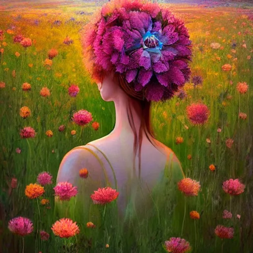 Image similar to girl with a blooming flower head, surreal photography, dream, standing in flower field, magical, in a valley, sunrise dramatic light, impressionist painting, colorful clouds, artstation, simon stalenhag, flower face