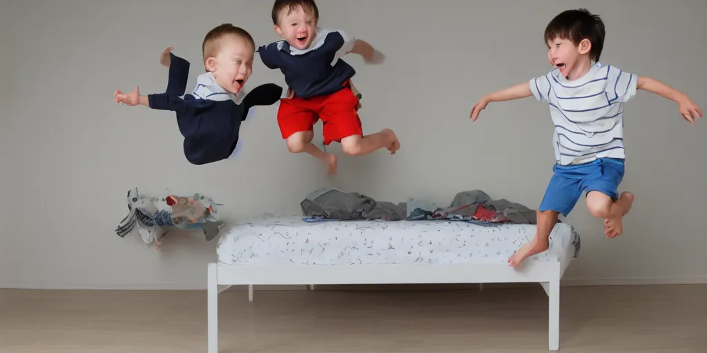 Prompt: little cute boy jumping on his bed by Victor Nizovstev